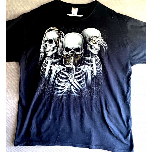 VTG Fruit Of The Loom Skeletons See No Evil Hear No Evil Speak No Evil  XL Shirt - Picture 3 of 6